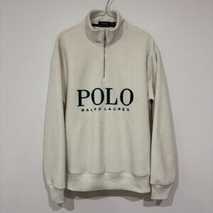 Polo Ralph Lauren Mens Quarter Zip Fleece Sweatshirt Spellout Logo Size M Ivory